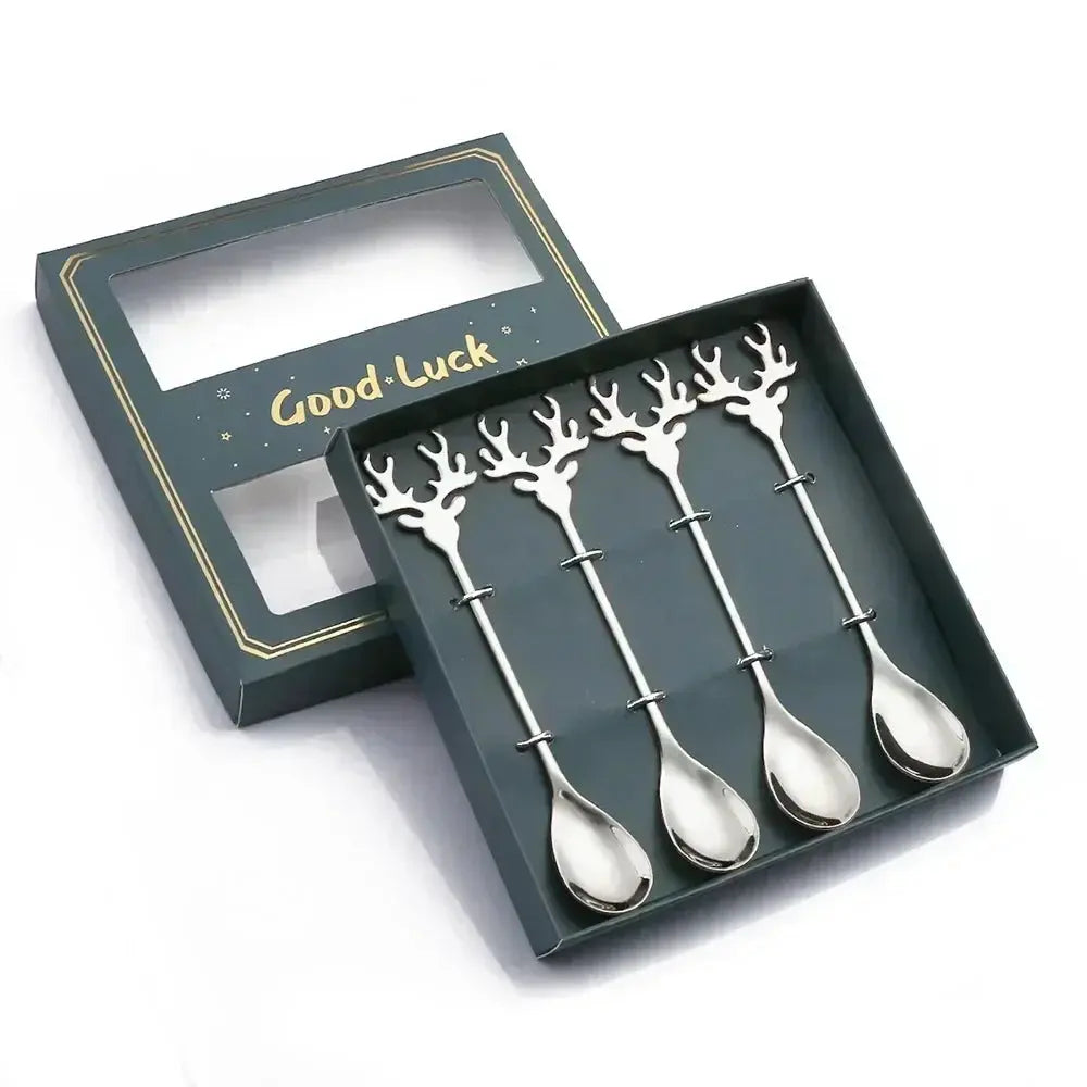 5HolidaySip Spoon Set - 4 silver color spoons in Blue box - Yelopi