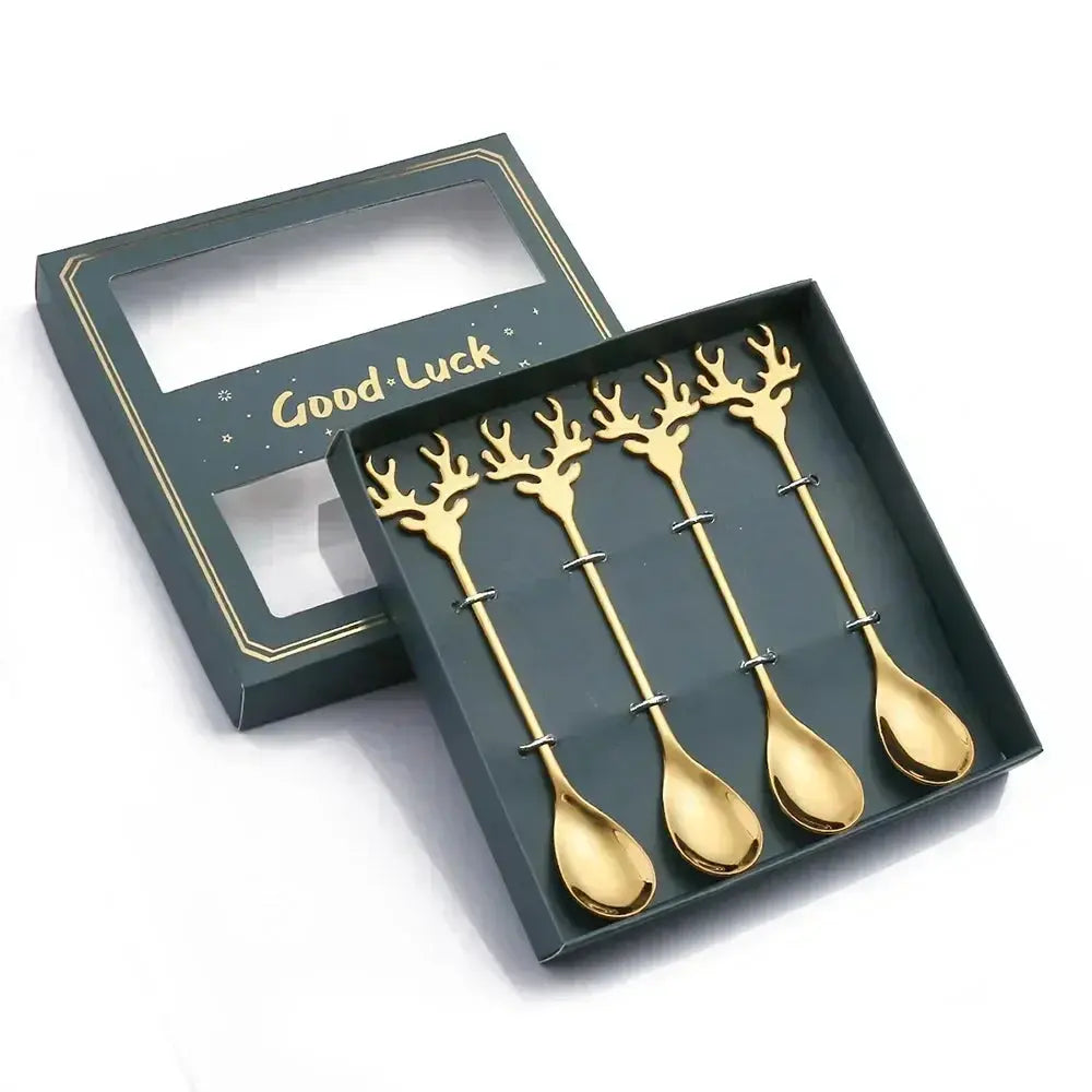 HolidaySip Spoon Set - 4 gold color spoons in Blue box - Yelopi