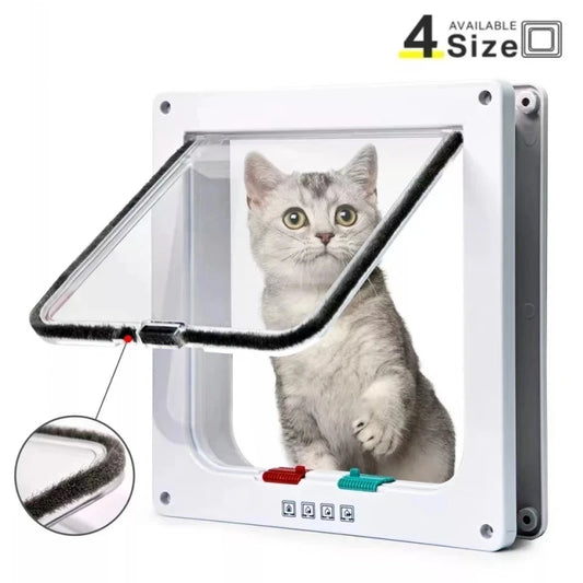 4-Way Secure Cat Flap Door with Transparent ABS Plastic and Adjustable Lock