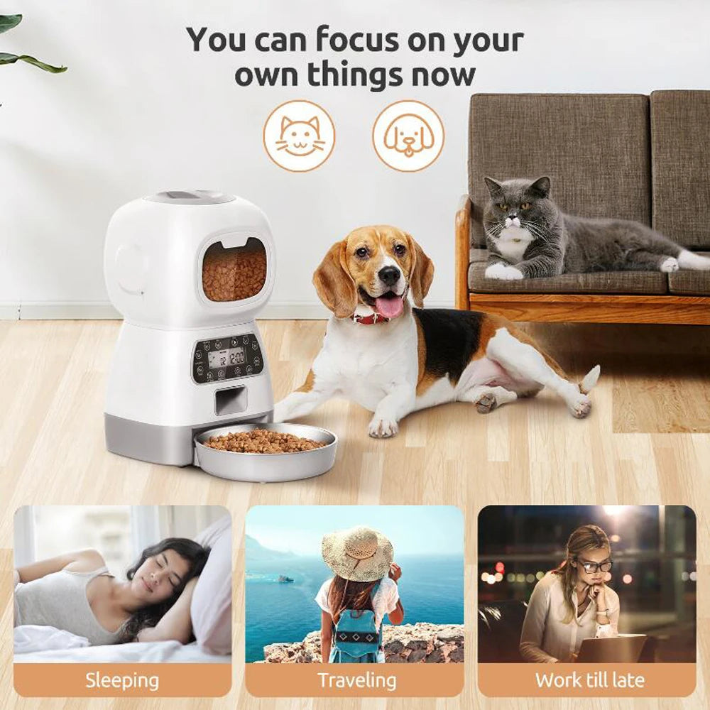 Distributeur automatique de nourriture pour animaux de compagnie de 3,5 L avec Wi-Fi, enregistreur vocal et mode d'alimentation lente