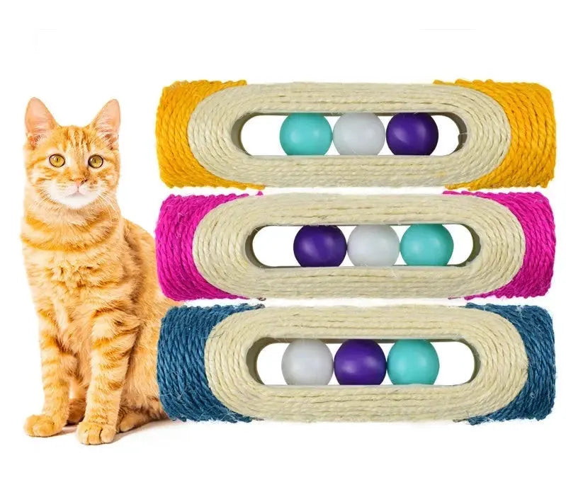 Orange tabby cat sitting next to a stack of colourful cat interactive toys, each wrapped in sisal rope and featuring rolling balls inside for playful engagement. - yelopi