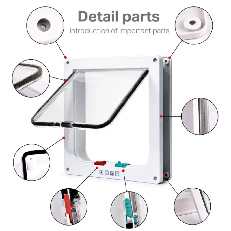 4-Way Secure Cat Flap Door with Transparent ABS Plastic and Adjustable Lock