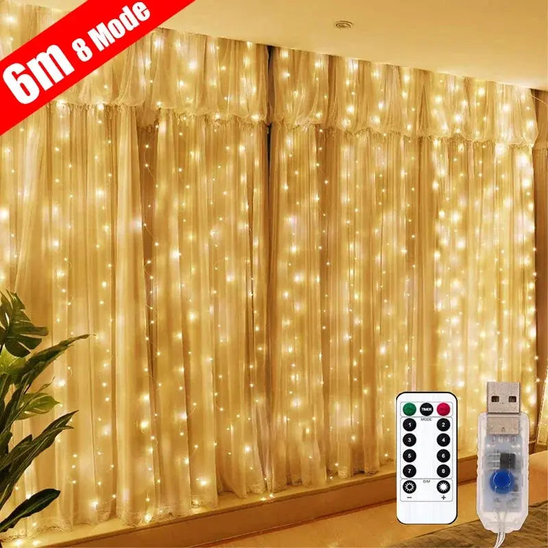 TwinkleVeil LED Drapes - Yelopi - Warm color, lights on, in a living room window and the wireless comand in first plane. 6 Meters and 8 Mode.