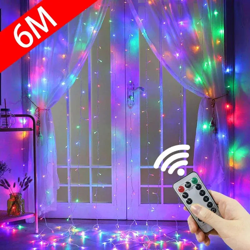 TwinkleVeil LED Drapes - Yelopi - Multicolor variant, lights on, in a living room window and the wireless comand in first plane. Six Meters.