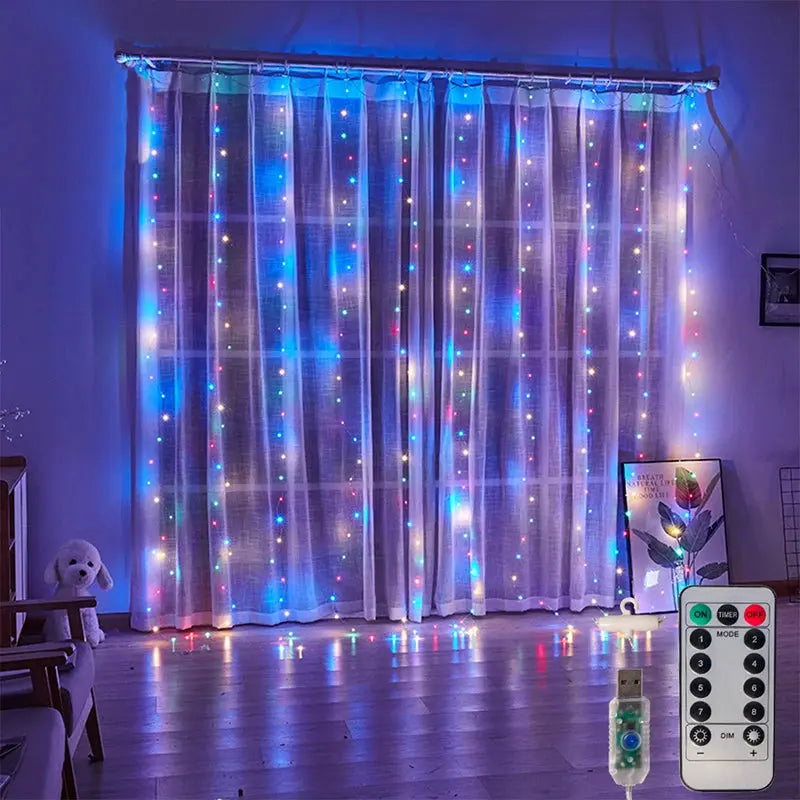 TwinkleVeil LED Drapes - Yelopi - Multicolor variant with lights on in a living room window