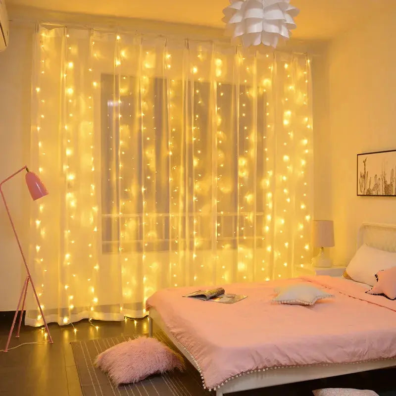 TwinkleVeil LED Drapes - Yelopi - Warm color variant with lights on in a bedroom window