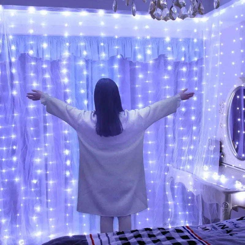 TwinkleVeil LED Drapes - Yelopi - White color variant with lights on in a bedroom window and a women looking them