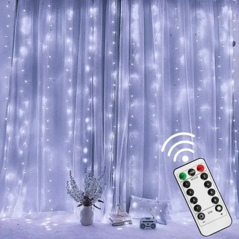 TwinkleVeil LED Drapes - Yelopi - White color variant with lights on in a  window, and the wireless comand in first plane