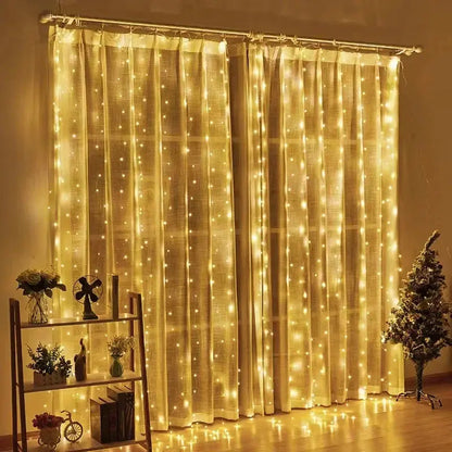 TwinkleVeil LED Drapes - Yelopi - Warm color, lights on, in a living room window 