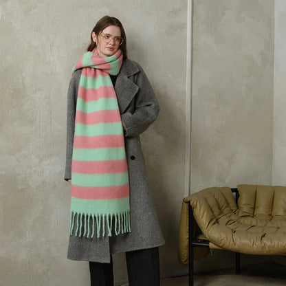 WarmBlend Fringed Striped Scarf - Yelopi Green-Water-Pink