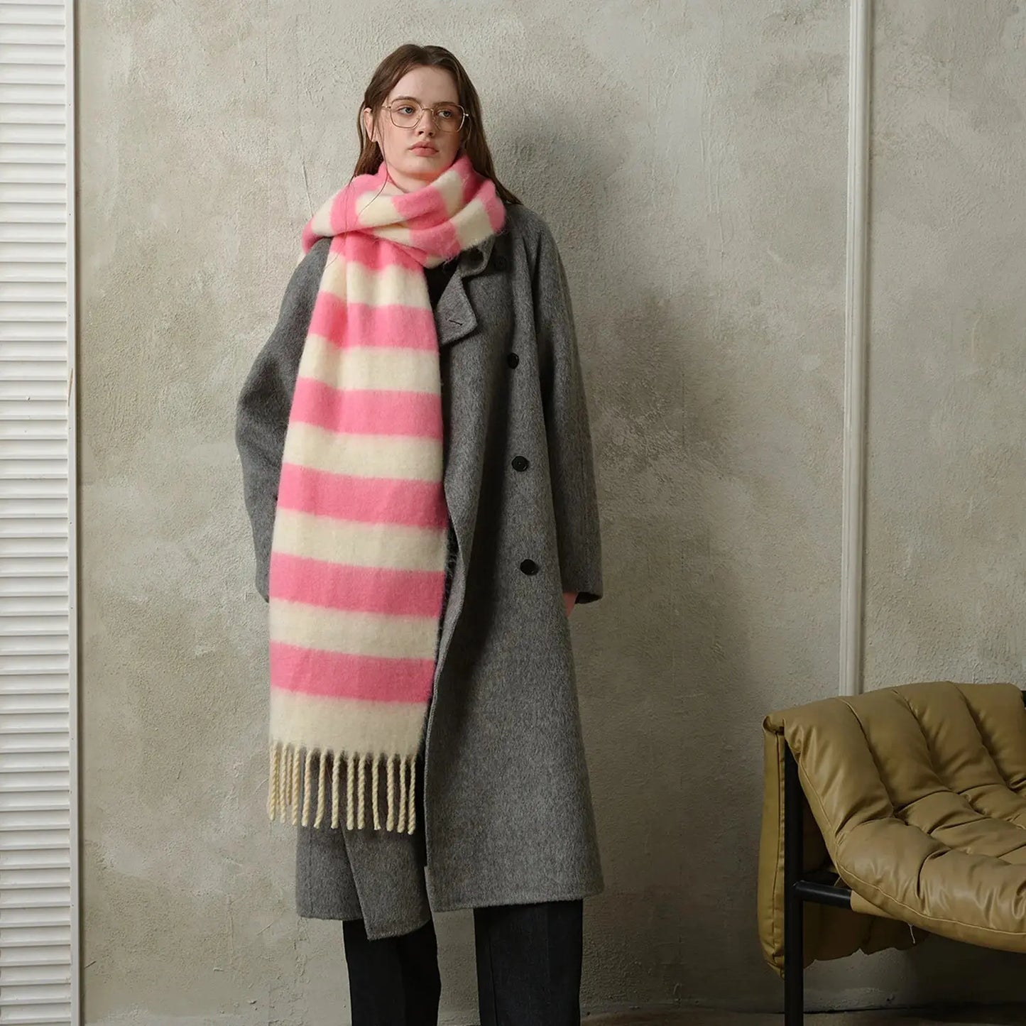 WarmBlend Fringed Striped Scarf - Yelopi Beige-Pink