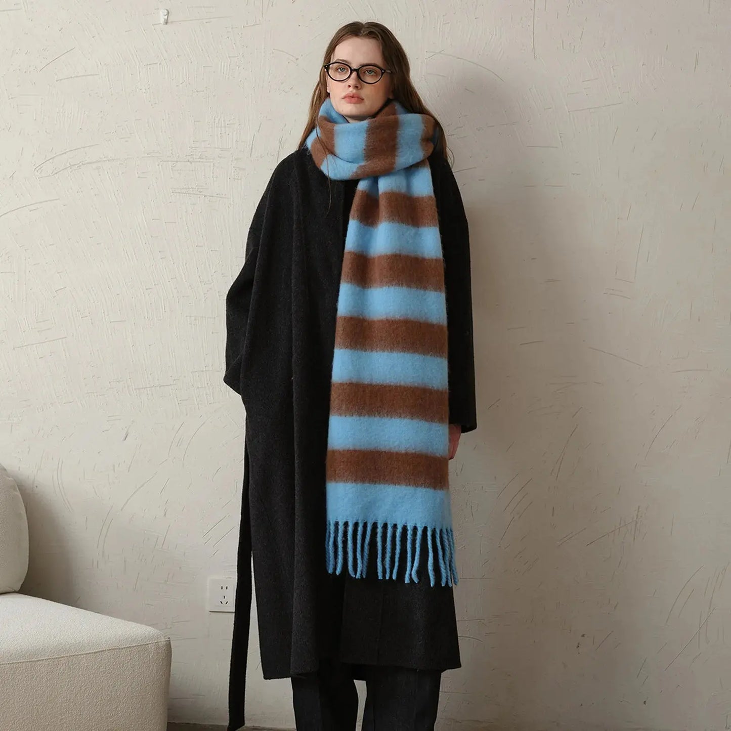 WarmBlend Fringed Striped Scarf - Yelopi Blue-Sky-Brown