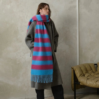 WarmBlend Fringed Striped Scarf - Yelopi Blue-Sky-Rose-Wine