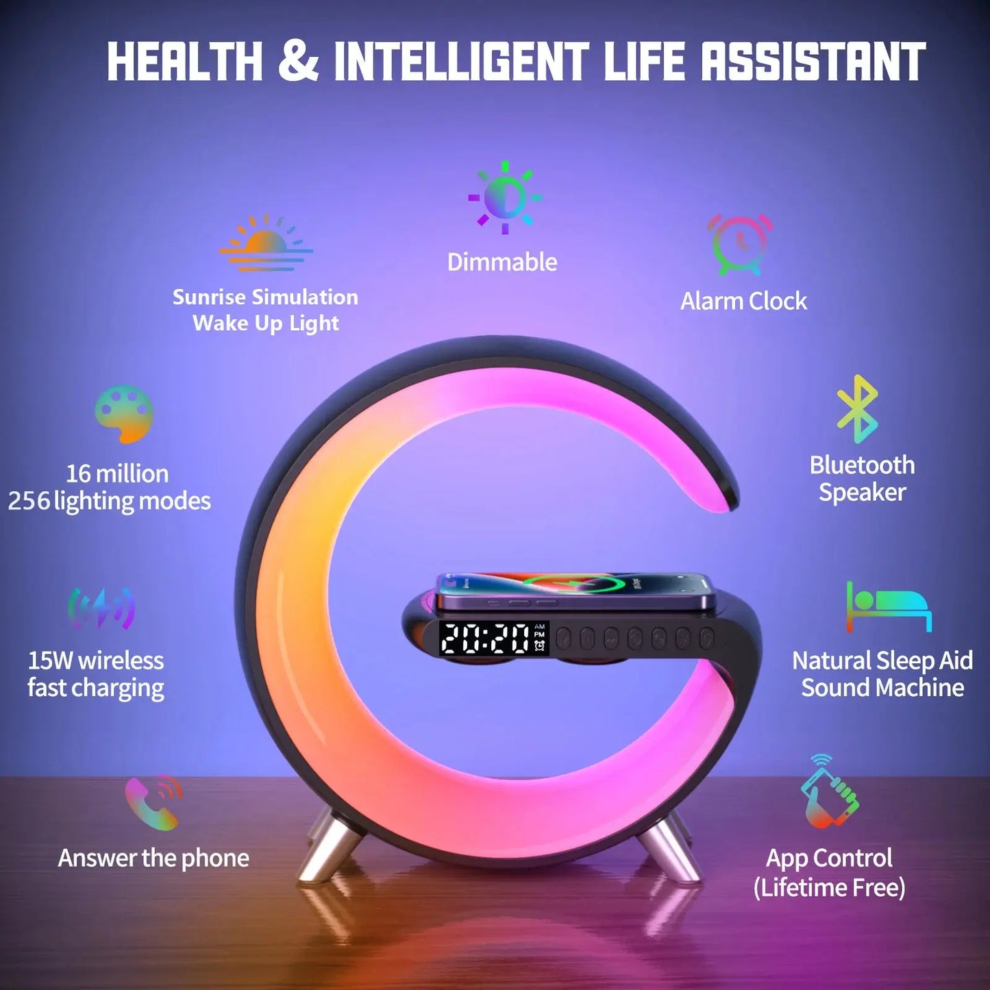 Wireless Charger and Speaker G-Shaped LED Station - Features Health & Inteligent Life assistant - Yelopi